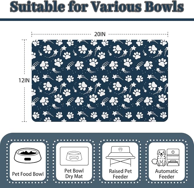 Dog Food Mat 12x20 Inch Pet Feeding Absorbent Mats for Floor Dog Cat Water Bowl Placemat Non-Slip Washable Pet Food and Water Mat
