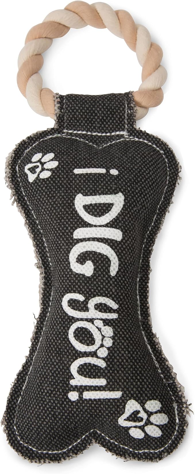 Pavilion Gift Company 45609 Pavilion's Pets-Gray Bone Canvas and Rope Dog Squeaky Toy-I Dig YouDog Toy, Large Breed