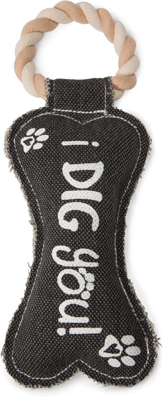 Pavilion Gift Company 45609 Pavilion's Pets-Gray Bone Canvas and Rope Dog Squeaky Toy-I Dig YouDog Toy, Large Breed