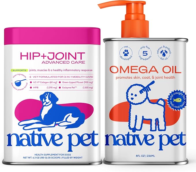 Native Pet Mobility & Radiance Pack: Hip & Joint Supplement for Dogs - Supports Joints, Cartilage, Muscles & Anti-Inflammatory - 30 Scoops & Omega 3 Fish Oil for Dogs Skin, Coat & Joints 8 Oz