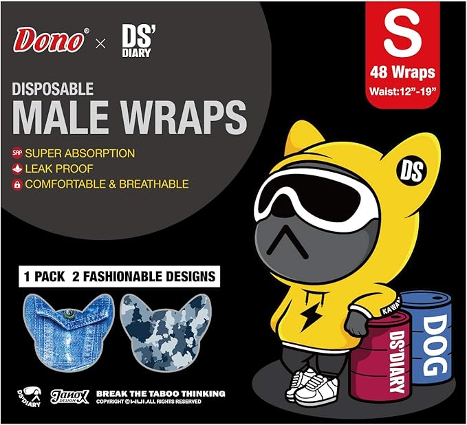 Dono Dog Diapers Male Disposable Male Dog Wraps, Wider Doggie Puppy Diapers Male Belly Bands, Super Absorbent, Leak-Proof Fit, Excitable Urination, Incontinence, Small 48ct