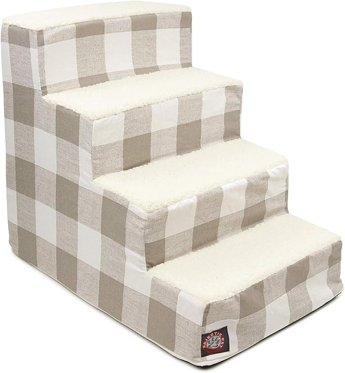 Majestic Pet Portable Pet Stairs | Soft Sherpa Steps Foam Feeling | Steps for Dogs & Cats | Dog & Cat Ramp | Indoor Only | Max Weight: up to 250 Lbs, 4 Step, Anderson Check Neutral Tan