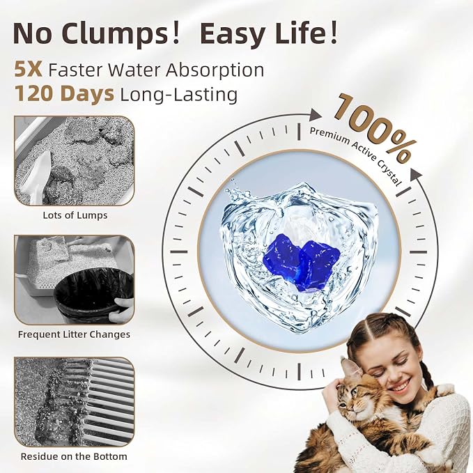 LaSyL Crystal Cat Litter for Multi-Cat Households - 34.4 lb Silica Gel, 30-Day Odor Control, 99.9% Dust-Free Non-Clumping Low Tracking Lightweight Unscented Formula (8 Bags x 4.3lb)