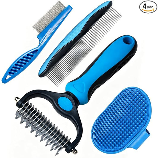 pet pro grooming tool, double-sided undercoat brush and stainless steel pin combflea comb. Ideal for grooming and removing long & matted hair of cats and dogs. (4-piece set)