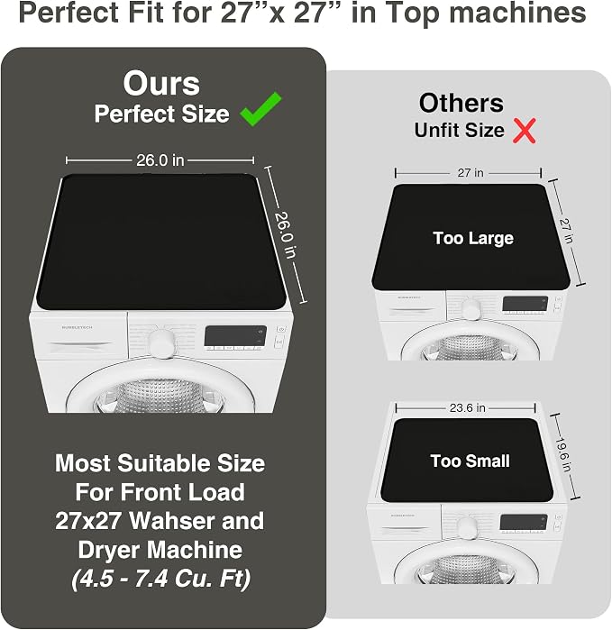 1 PACK SEIRI Washer and Dryer Topper, 26" x 26" Silicone Dryer Top Protector Mat for Flat Top Surface Cover and Front Load Washing Machine Non-Slip Waterproof Laundry Topper Mat Large (Black)