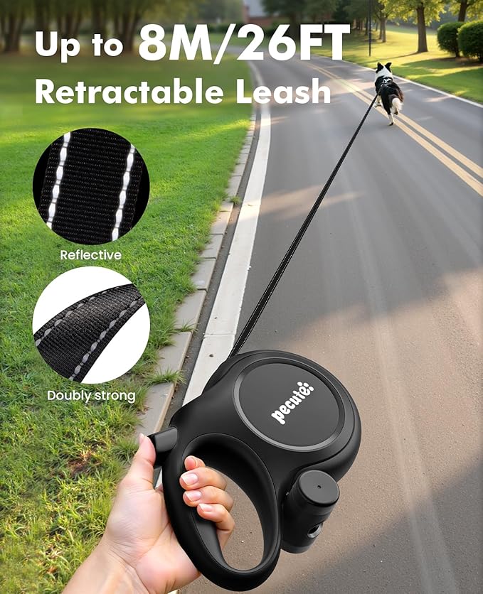 Pecute Outdoor Adventure Bundle: 26FT Retractable Dog Leash with Chew-Proof Cable & Poop Bag Holder + 22oz Portable Dog Water Bottle with Food Container, Leakproof BPA-Free for Hiking Travel