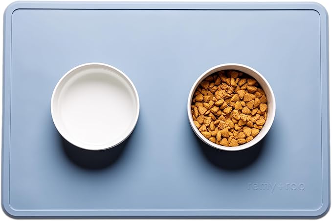 Remy+Roo Dusty Blue Silicone Dog Food Mat for Pet Bowl | 23.6" x 15.7" | 100% Waterproof | Non-Slip | Dishwasher Safe