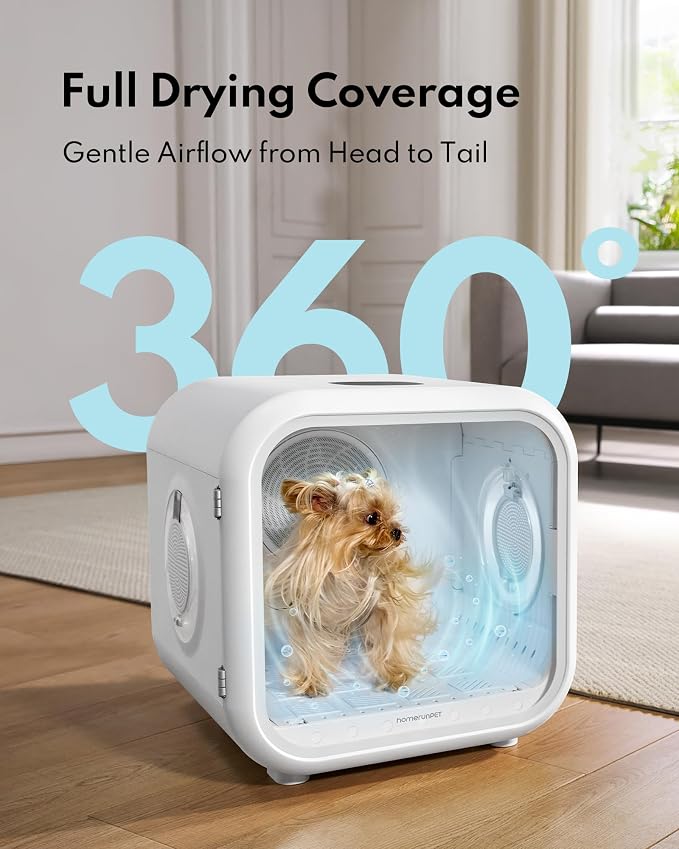 HomeRunPet Cat Dryer, Ultra Quiet, Patented Fresh Air Ventilation, Smart Temperature Control, Safe 360° Even Drying Pet Dryer Box for Cats & Small Dogs (50L Drybo Plus)