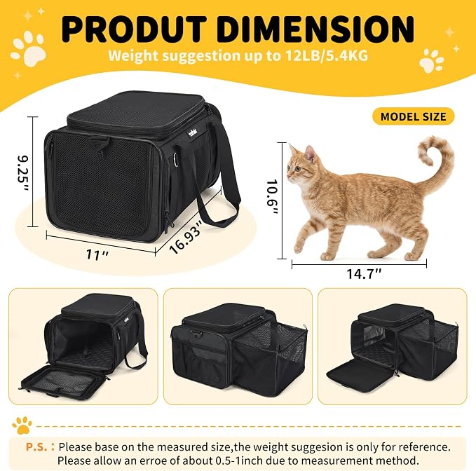 Apollo Walker Cat Carrier Airline Approved, Expandable Travel Pet Carrier with Locking Zippers, Soft-Sided for Small Medium Pets, Foldable Portable Pet Travel Bag (Black)