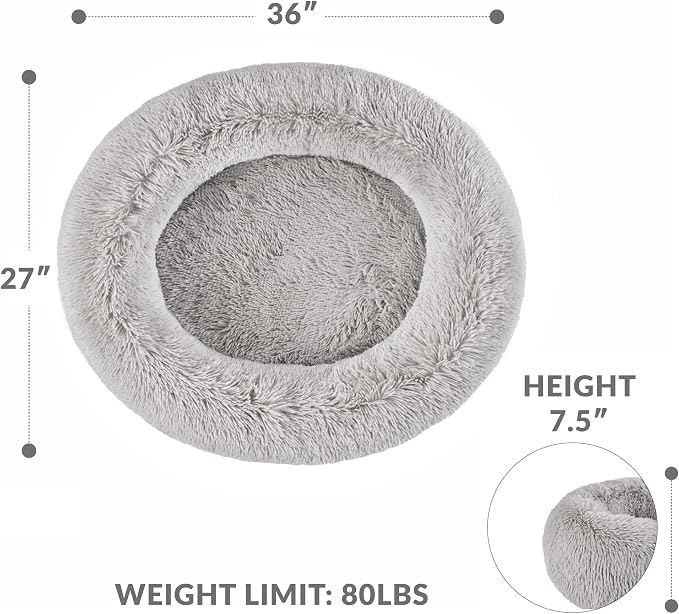 Friends Forever Serena Donut Memory Foam Orthopedic Dog Bed, Soft Faux Fur Oval Cat Couch For Indoor Pet, Fluffy Calming Plush Shag, Round Raised Bolster Cushion, Machine Washable Cuddler, Grey