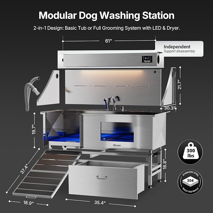 POLIMO Dog Washing Station with Built-in Pet Dryer and LED Display 61" (Left Ramp), 304 Stainless Steel Dog Bathtub for Large Medium Small Dogs, Wash and Dry Grooming Tub with Faucet, Storage Drawer