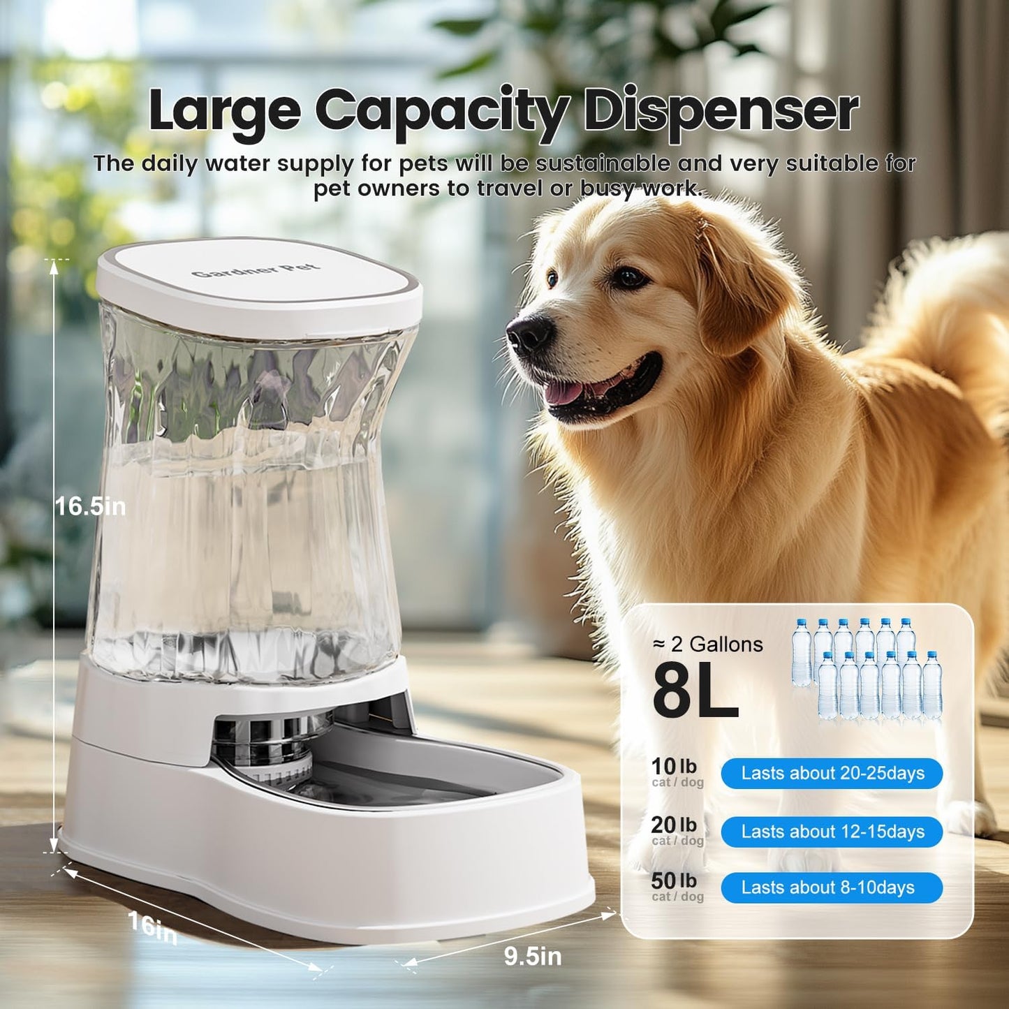 Gardner Pet Automatic Dog Water Dispenser Gravity Stainless Steel Water Waterer Feeder, Large Capacity Water Feeding Bowls for Medium & Large-Sized Dogs Cats Other Pets -(2.1 Gallon)