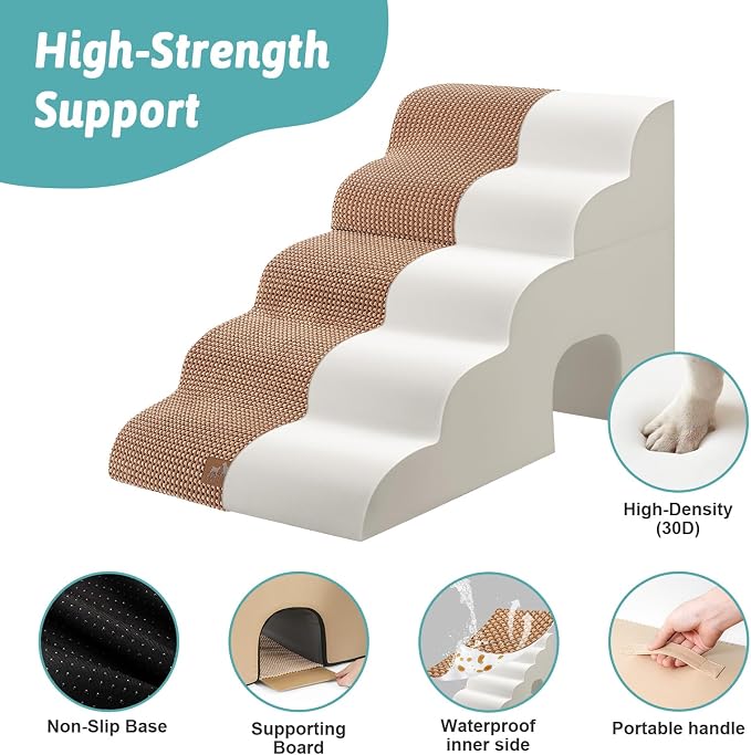 COZY KISS Extra Wide Dog Stairs with Tunnel, Detachable Large Pet Step for Small Medium Dog, Puppy or Cat, Ramp for High Bed, Couch, Sofa or Car, Stable, 19.7x33x22.4 inch, 5 Step, Light Brown