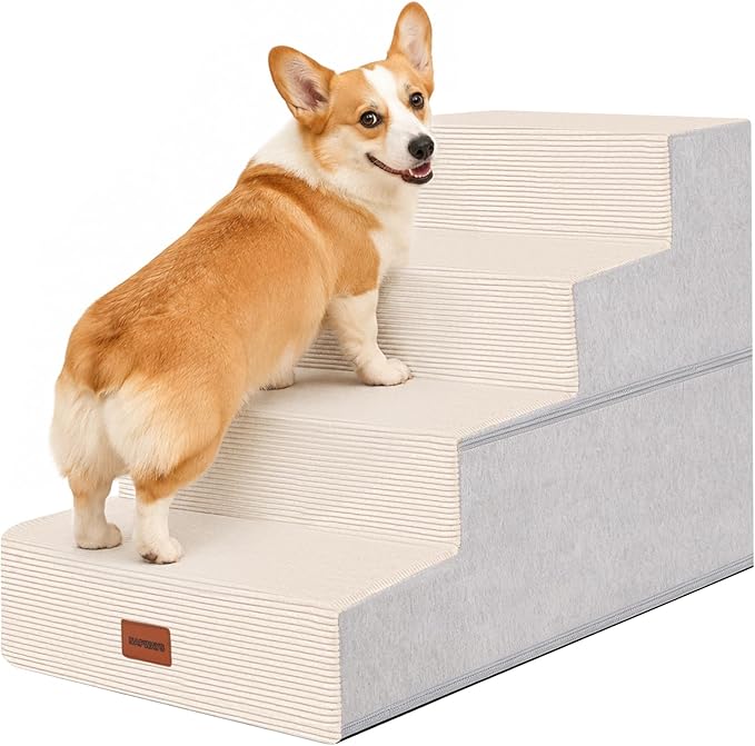 Dog Stairs for Small Dogs, 18" H, 4-Step Pet Steps for Bed Couch Sofa and Chair, Non-Slip Balanced Pet Ramp for Injured & Senior Pets with Washable Cover and Durable High Density Foam,Beige