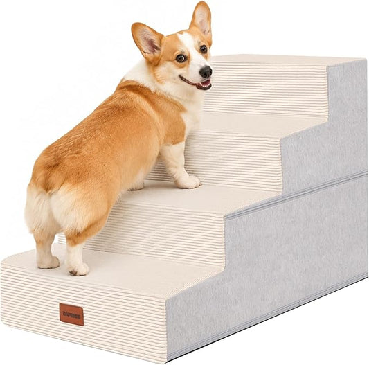 Dog Stairs for Small Dogs, 18" H, 4-Step Pet Steps for Bed Couch Sofa and Chair, Non-Slip Balanced Pet Ramp for Injured & Senior Pets with Washable Cover and Durable High Density Foam,Beige