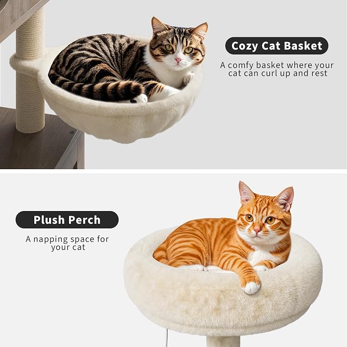 GAOMON Litter Box Enclosure with Cat Tree Tower 2-in-1 Modern Hidden Pet Washroom Furniture with Condo Hammock Scratching Posts and Multiple Soft Perches