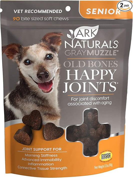ARK NATURALS Gray Muzzle Old Dogs! Happy Joints! Vet Recommended to Support Cartilage and Joint Function, Glucosamine, 90 Soft Chews,Orange