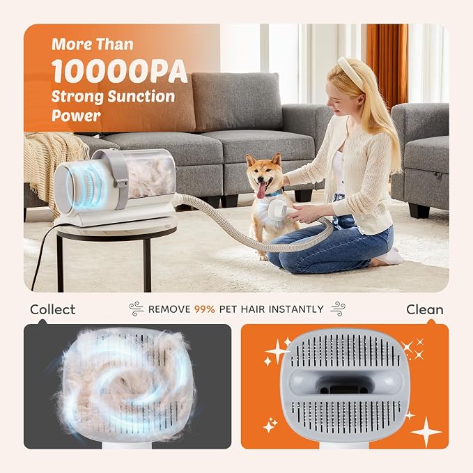 DUMOS Pet Grooming Vacuum Kit, 3 Adjustable Suction Modes Dog Hair Clipper, 5 Professional Grooming Tools with Low Noise Cat Hair Clippers, 2.5L, Ivory