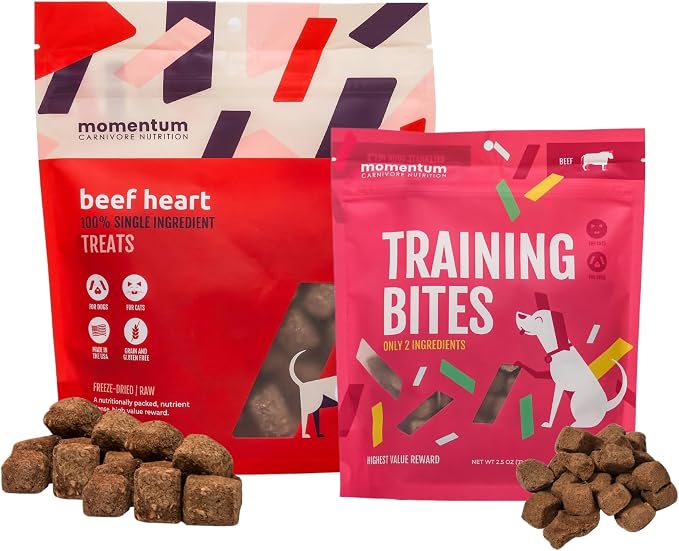 Momentum Carnivore Nutrition Freeze-Dried Beef Bundle – Beef Heart Treats and Training Bites – Single & Two-Ingredient Dog & Cat Treats – Grain-Free, High Protein, USA Made – 3.5 oz + 2.5 oz