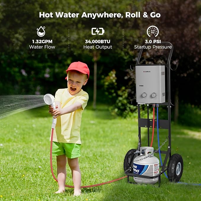 CAMPLUX Portable Tankless Water Heater, 1.32 GPM 5L Propane Water Heater for Camping, RV & Off-Grid, Instant Outdoor Hot Water Shower System with Gas Regulator, Battery Powered, AY132G, Gray