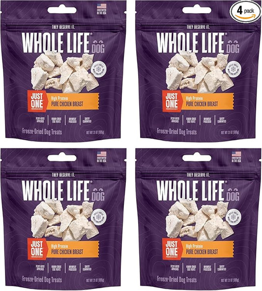 Whole Life Dog Just One Chicken Freeze Dried Dog Treats - Human Grade High Protein Food, Healthy Training Snacks, Freeze Dried Food Toppers, USA Made Natural Treats - 21 oz (Pack of 4)
