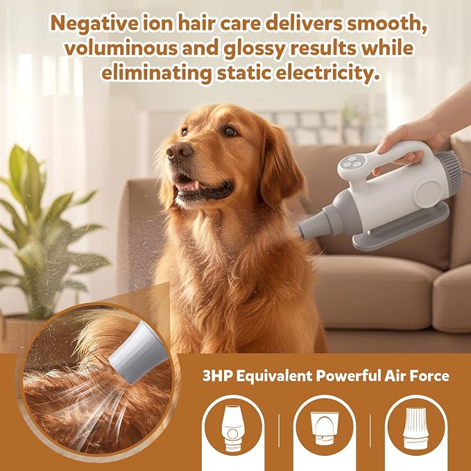 High Velocity Dog Hair Dryer – Portable Pet Grooming Blower with Brushless Motor, Adjustable Temperature, 3 Nozzles, Low Noise & Safety Protection (White)
