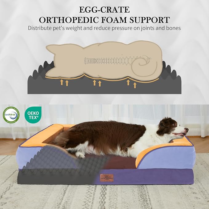 Comfort Expression Orthopedic Dog Bed for Extra Large Dogs 45x35 Inch, Waterproof Egg Crate Foam XL Pet Bed with Bolsters, Dog Couch with Washable Cover & Non-Slip Bottom, Honey Lavender