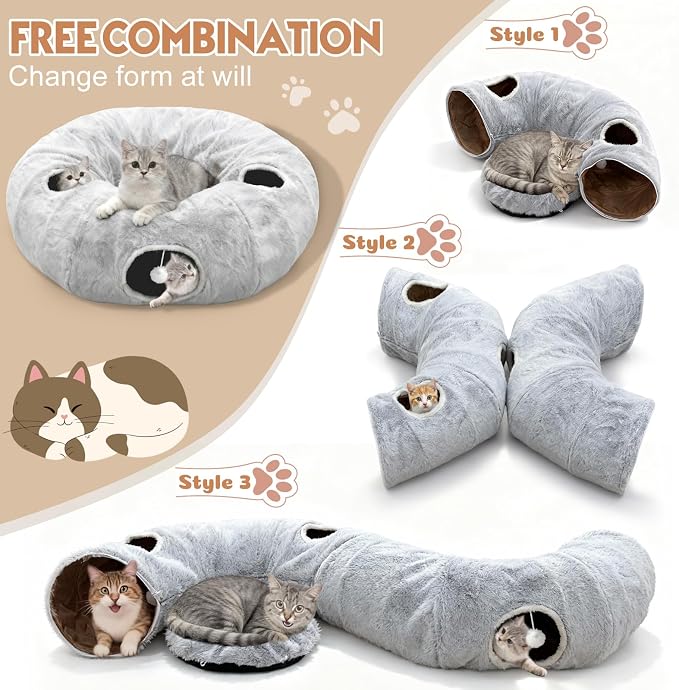 4-Holes Cat Tunnel Bed for Indoor Cats, Plush Donut Play Tunnel with Removable Cushion, Cats Hideout Play Bed with 11 Cat Toys, Cozy Round Cat Cave for Multiple Cats, Kitten/Puppy/Rabbit(Grey)