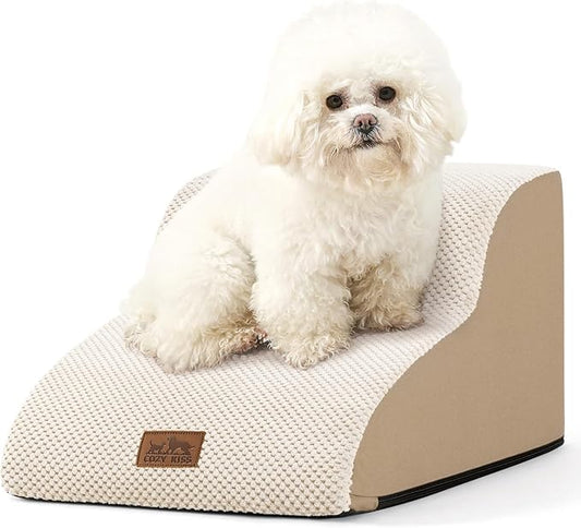 COZY KISS Dog Stairs for Small Dogs 11.8" H, Curved Dog Step for Puppy, Older Cat, Medium Pet Ramp for Sofa, Couch or Chair, Ladder with High Density Foam, 2 Step, Beige
