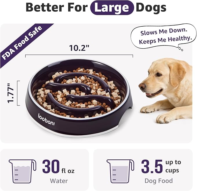 LOOBANI Slow Feeder Dog Bowls - 3.5 Cups Ceramic Slow Feeder Dog Bowls for Large Dogs, Slow Feeding Easy-Grip Handles, Perfect for Fast Eaters Goldens, Labradors & Huskies (L, Purple)