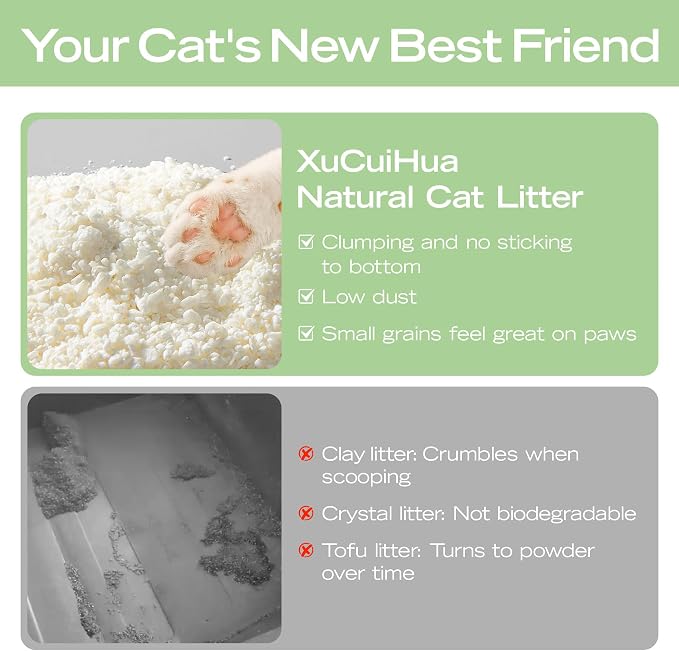 XuCuiHua Natural Cat Litter Green Tea Scent, Plant-Based, Strong Clumping Litter, Odor Control, Easy Scooping, Clumps Lift Cleanly, Low Dust, 5.5 LB