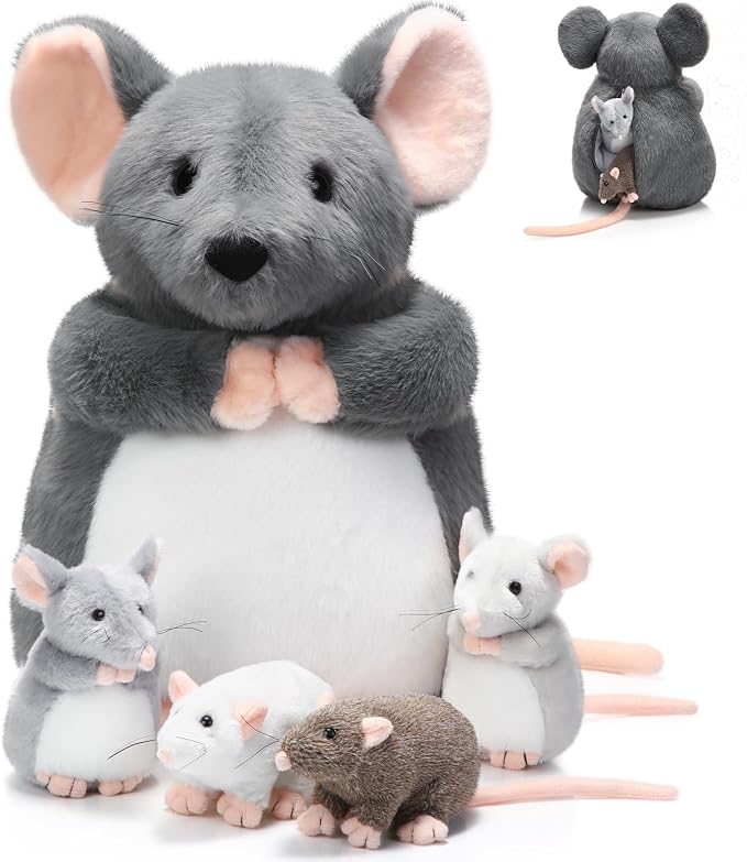 Arrowbash 5 Pcs Mouse Stuffed Animals Set - 14'' Large Mommy Rat Plush with 4 Small Mouse Babies in Zippered Tummy Stuffed Rat Plush Toys for Kids Girls Boys Valentine Birthday Gift(Fluffy Style)