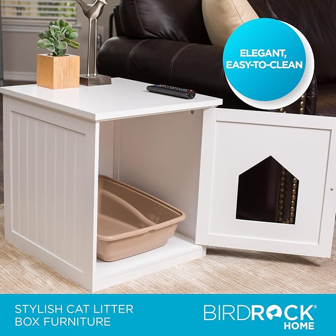 BIRDROCK HOME Cat Litter Box Furniture Enclosure - Hidden Kitty Litter Cat House with Hinged Door, Nightstand, Side Table & Pet Crate, Indoor & Outdoor Wood Cabinet for Small Cats and Dogs - White