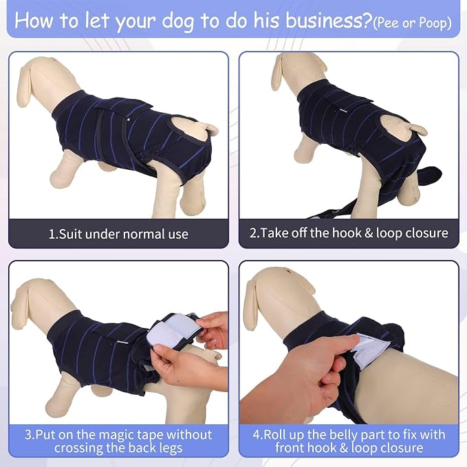 Kuoser Dog Surgery Recovery Suit, Soft Breathable Dog Recovery Suit for Female Spay Male Nueuter, Anti Licking Puppy Onesie Pet Surgical Suit for Dogs Abdominal Wounds Skin Disease, Blue Strips 2XL