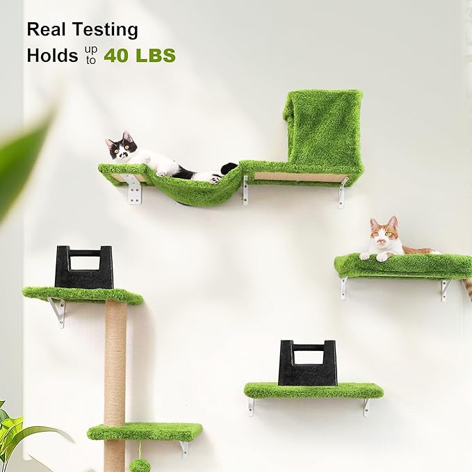 FUKUMARU Cat Wall Shelves, Stable & Safe 4 in 1 Cat Walls Furniture Set, Wooden Kitten Climbing Wall with Scratching Post for 16 Inch Drywall - Green