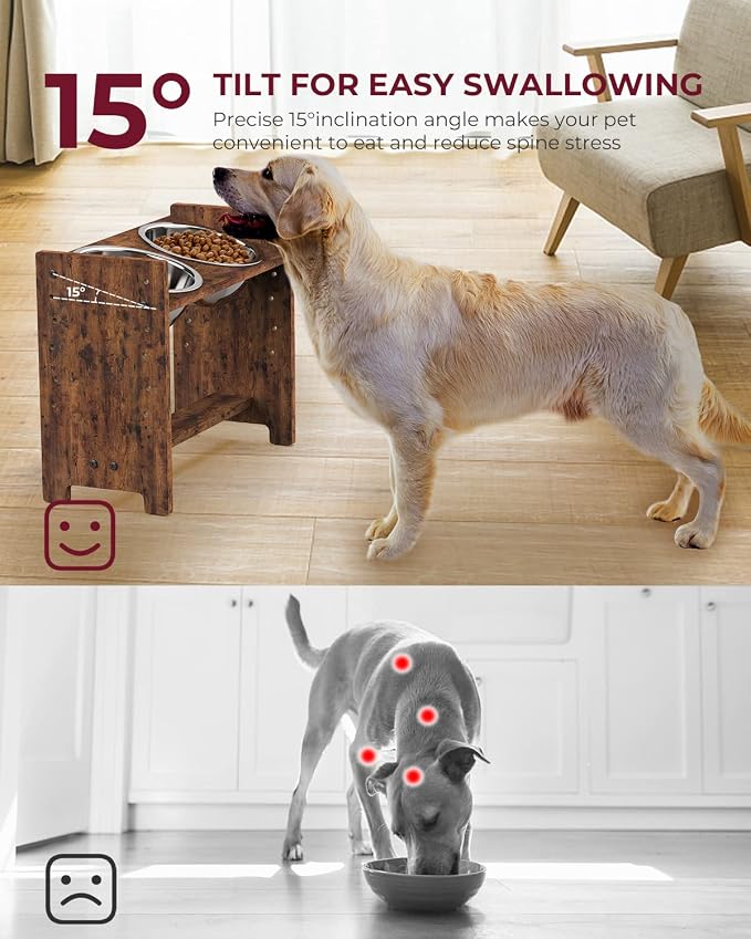 Vantic Elevated Dog Bowls, Adjustable Raised Dog Bowl Stand for Large and XLarge Pet, Sturdy Particle Board Food Feeder with 2 Stainless Steel Dishes, Rustic Brown