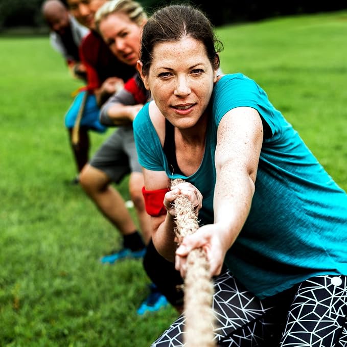 BLUE PANDA Field Day Tug of War Rope - 50 ft Brown Jute - Team Building Activity & Summer Camp Outdoor Rope with Flag & Whistle for Relay Race, Sack Race & Obstacle Course for Adults