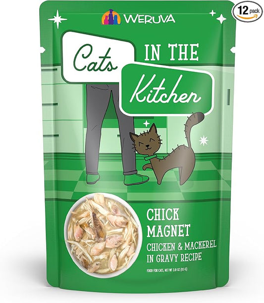 Weruva Cats in the Kitchen, Chick Magnet with Chicken & Mackerel in Gravy Cat Food, 3oz Pouch (Pack of 12)