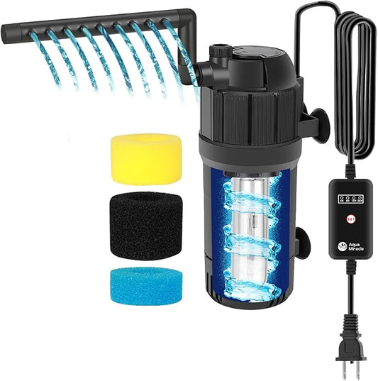 AquaMiracle Aquarium Filter for Green Water, U - V Fish Tank Filters with Timer (4/8/12/24 Hrs), Dual Mode (Aeration/Rainfall) Fish Filter for 10-40 Gallon Tanks, Flow Rate and Direction Adjustable