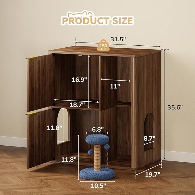 Rovibek Double Cat Litter Box Enclosure Furniture, Fluted Hidden Litter Box Enclosure for 2 Cats with Double Room, Mid Century Dual Cat Litter Cabinet with Scratching Post, Dangling Ball, Walnut