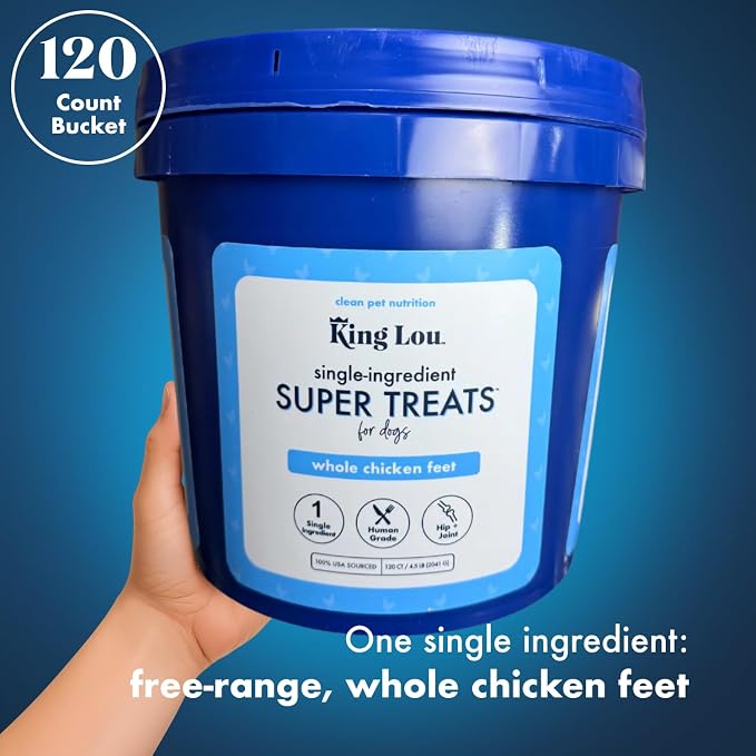 King Lou Pets Whole Chicken Feet for Dogs, Single-Ingredient USA-Made Dehydrated Chicken Treats, Human-Grade Crunchy Dental Chews for Dogs Hip & Joint Support, 120 Count