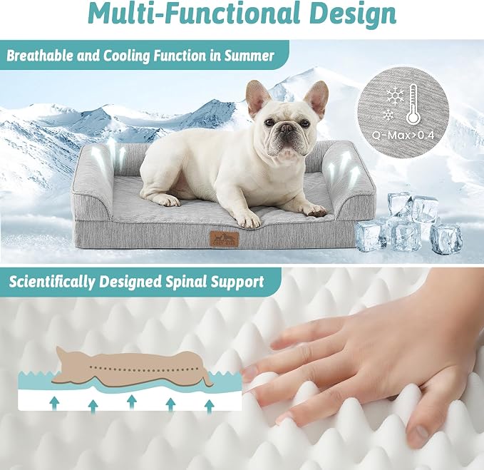 COZY KISS Cooling Dog Bed for Small Dogs, 30"x20" Orthopedic Foam Sofa with Bolster Sides, Q-Max >0.4 Cooling Technology, Cool Pet Bed with Removable Washable Cover, Grey