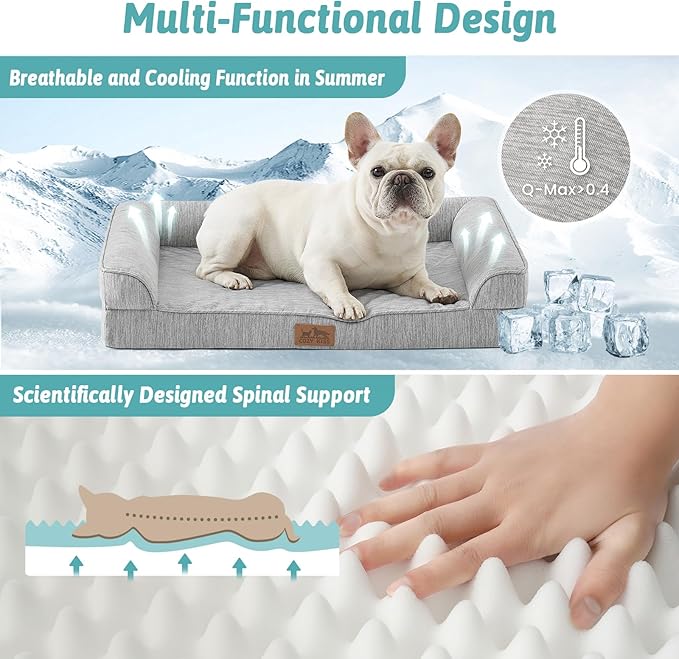 COZY KISS Cooling Dog Bed for Large Dogs, 42"x30" Orthopedic Foam Sofa with Bolster Sides, Q-Max >0.4 Cooling Technology, Cool Pet Bed with Removable Washable Cover, Grey