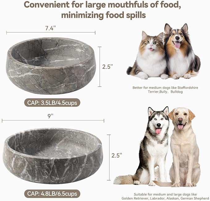 Karibiber Marble Dog Bowl, 5lbs Weighted Dog Food Bowl, Non-Slip Large Heavy Water Bowls, Grey Stone Food and Water Dish for Medium Dogs, Natural Marble, Easy to Clean, Holds 4 Cups