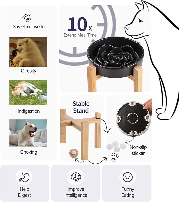Black Ceramic Slow Feeder Dog Bowl for Small and Medium Breed,Elevated/Raised 6.1 in Slow Feeding Bowl,Puzzle Dog Food Bowl for Fast Eater,Maze Dish for Fast Eater