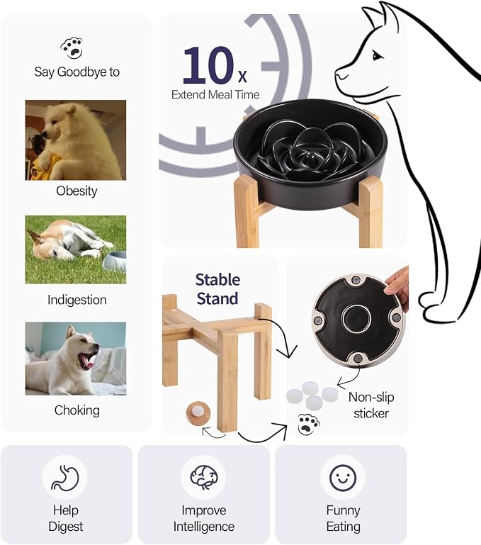 Grey Ceramic Slow Feeder Dog Bowl for Small and Medium Breed,Elevated/Raised 6.1 in Slow Feeding Bowl,Puzzle Dog Food Bowl for Fast Eater,Maze Dish for Fast Eater
