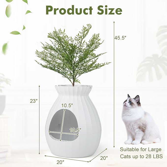 PETSITE White Plant Litter Box, Cat Hidden Litter Box Enclosure with Artificial Plant, Advanced Odor Removal System, Detachable Door Curtain, Cat Litter Scoop, Large Planter Litter Box
