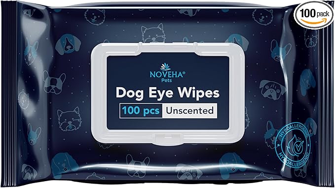 NOVEHA 100PCs Dog Eye Wipes - Tear Stain Remover for Dogs - Formulated with Chamomile and Aloe to Remove Eye Debris, Tear Stains & Eye Discharge - Plant Based, Safe, and Large 5"x5" Unscented Wipes