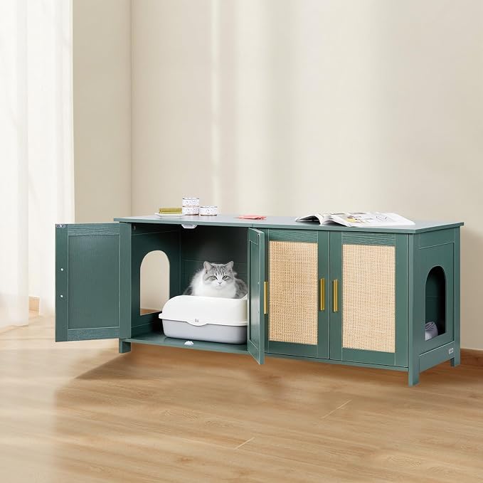VEVOR Cat Litter Box Enclosure for Multi Cats, 47.2 in Hidden Litter Box Cabinet with 4 Rattan Doors & 2 Entries, Indoor Cat Washroom, Wooden Kitty House Furniture, Fit Most Litterboxes, Green