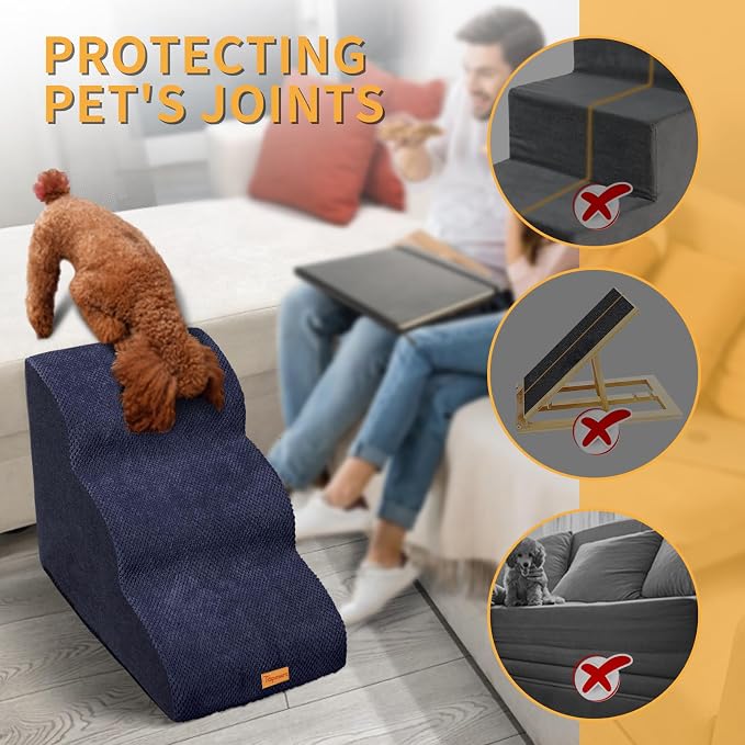 Topmart 3 Tiers Foam Dog Ramps/Steps,Non-Slip, Extra Wide Deep Dog Stairs,High Density Foam Pet Stairs/Ladder,Best for Older Cats,Small Pets,Blue